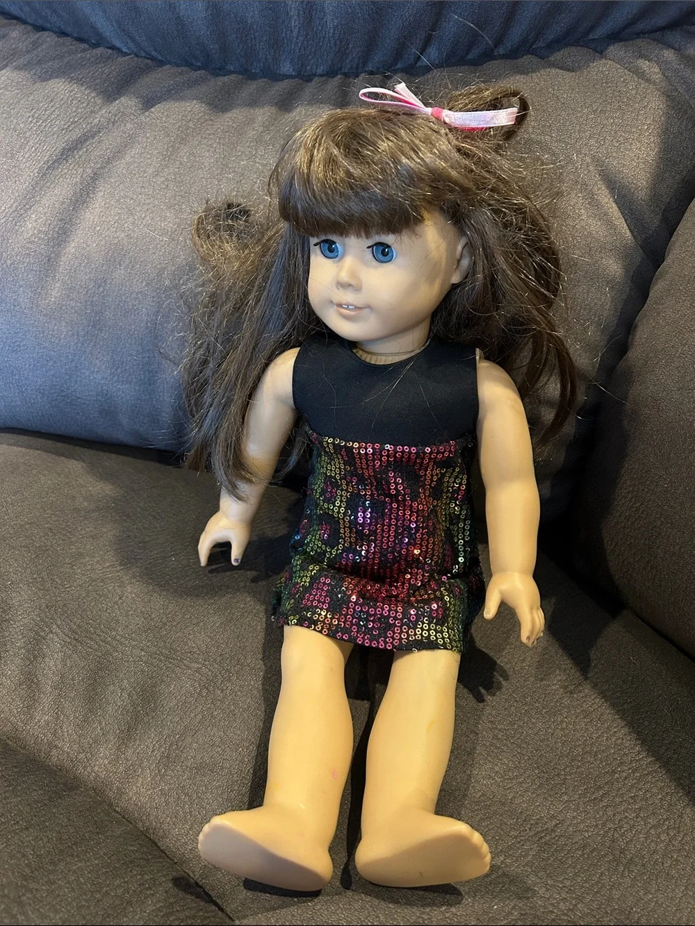 American Girl Doll with Brown Hair, Blue Eyes, Sequin Dress (Black, Multicolor)